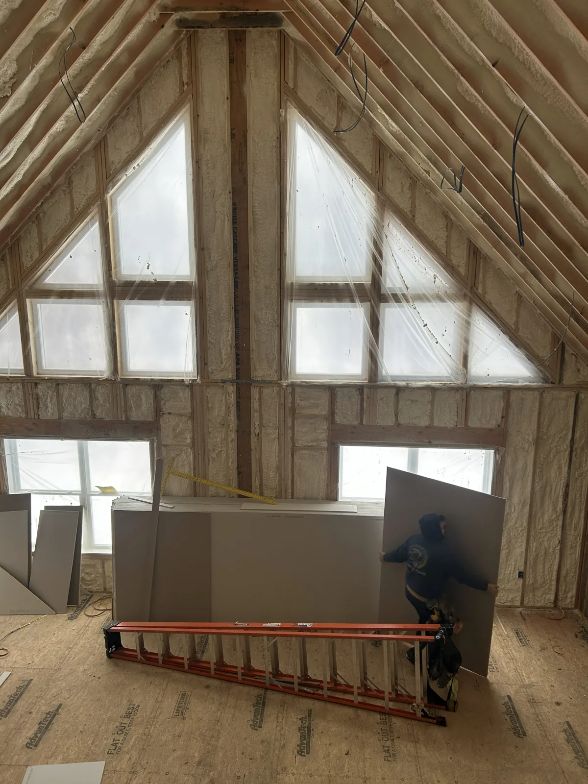 Looking into the great room of this home with vaulted ceilings while Beau moves a sheet that he will be hanging in another room.